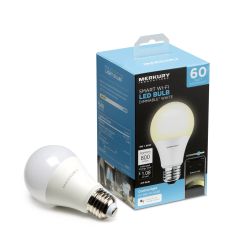 Merkury Innovations smart LED bulb and its packaging on a white background.