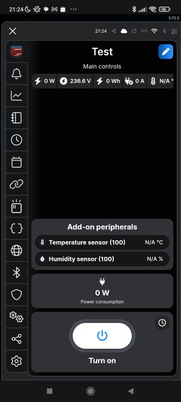 Shelly app screen showing Test panel with relay control and sensor data