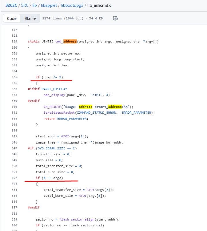 Source code snippet of cmd_address function with argument check highlighted