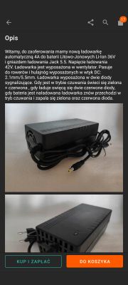 Czarna ładowarka do baterii litowo-jonowych 36V, z kablem zasilającym.