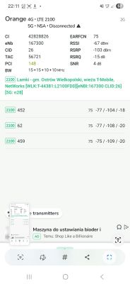 Zrzut ekranu z parametrami sieci LTE 2100 Orange w Lamkach, gm. Ostrów Wielkopolski