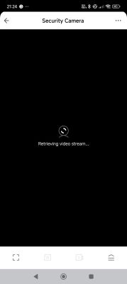 Loading Security Camera Video Black screen with the message Retrieving video stream... in a security camera app.