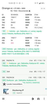 Zrzut ekranu z aplikacji NetMonster prezentujący parametry sieci LTE Orange (900 i 1800 MHz) z różnych lokalizacji i kierunków.