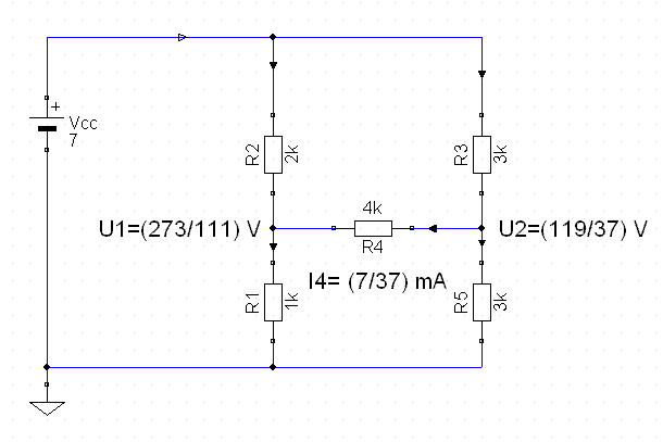 Jak obliczyć rozpływ prądów w układzie z U1=7V, R1=1kΩ, R2=2kΩ, R3=3kΩ?