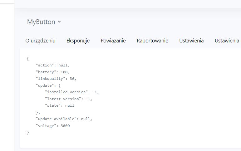 Interfejs MyButton w Home Assistant raportujący stan urządzenia
