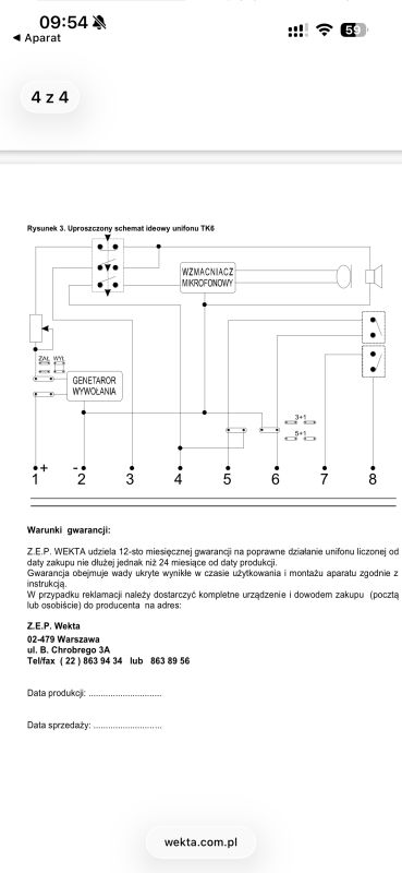 Zrzut ekranu z telefonem: schemat unifonu TK6 z zaciskami 1–8 i opisami „Generator wywołania”