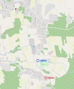 Mapa przedstawiająca lokalizacje punktów pomiarowych względem masztu BTS w okolicach Halickich, oznaczone na niebiesko i czerwono.