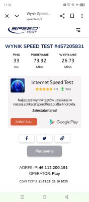 Zrzut ekranu testu prędkości internetu z wynikiem 73,32 Mb/s pobierania