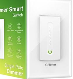 GHome Single Pole Smart Dimmer GHome smart dimmer with voice and app control features.
