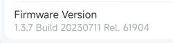 Firmware Version 1.3.7 Screenshot of firmware version 1.3.7 Build 20230711 Rel. 61904.