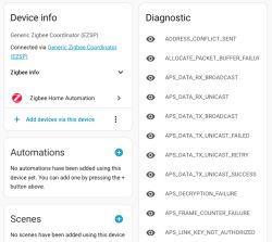 Device info and diagnostic panel for Zigbee Coordinator in a smart home app