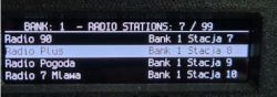 Evo Radio Display With Radio Stations List Evo internet radio display panel with a menu and radio stations list on a black background.
