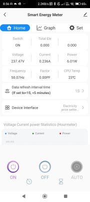 Screenshot of the Smart Energy Meter app showing voltage, current, power, frequency, and CPU temperature data.