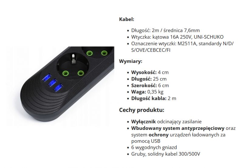 Czarna listwa zasilająca z trzema niebieskimi portami USB i dwoma gniazdami Schuko, obok specyfikacja techniczna.
