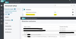 Screenshot shows advanced settings in Eset Endpoint Antivirus with the detection exclusions tab open.