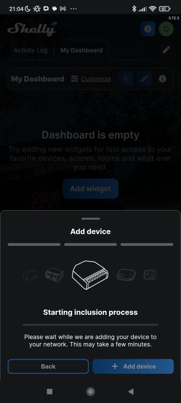 Shelly app screen during the process of adding a new device to the network