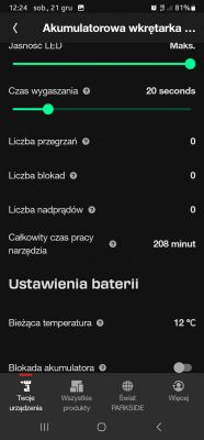 Ekran ustawień akumulatorowej wkrętarki pokazujący różne parametry, takie jak jasność LED, czas wygaszania oraz ustawienia baterii.