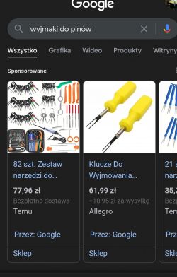 Wyniki wyszukiwania Google dla wyjmaki do pinów z widocznymi reklamami narzędzi do wyjmowania.