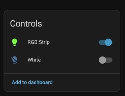 “Controls” panel with toggles for “RGB Strip” and “White” plus an “Add to dashboard” link