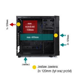 Wnętrze obudowy komputera z zaznaczonymi miejscami montażu wentylatorów 120mm.