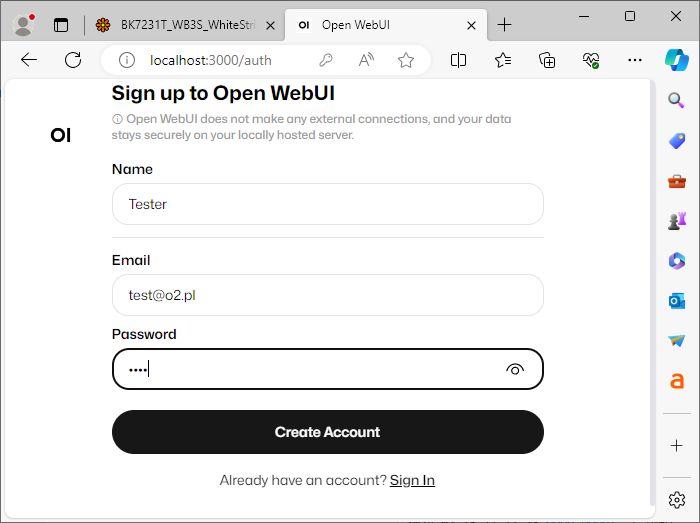 Open WebUI Registration Screen Open WebUI registration screen with fields for name, email, and password.