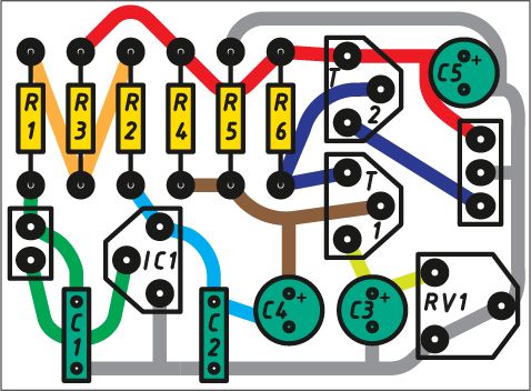 Colorful PCB layout diagram with labeled electronic components and traces