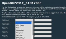 Screenshot of the OpenBK7231T interface showing a dropdown list for assigning roles to specific pins.