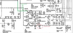 Schemat obwodu elektronicznego z zaznaczonym uszkodzonym rezystorem 22 om.