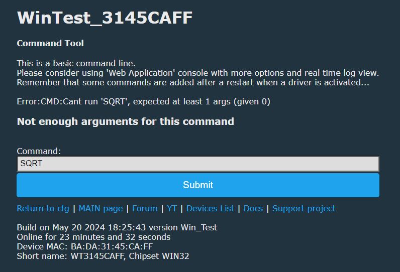 Console Interface with Command Error Screenshot of a command entry tool with an error