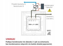 Wiring diagram for B‑LINE Wi‑Fi switch with neutral N, live L, and a capacitor connected to L1