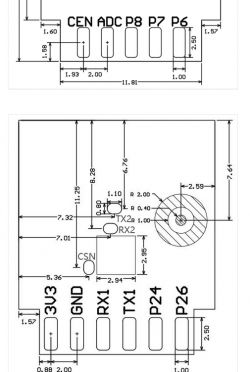 CB2S Module Connection Diagrams Connection diagrams of the CB2S module with pin labels and dimensions.