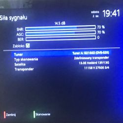 Ekran dekodera z parametrami sygnału satelitarnego Hotbird 13.0E