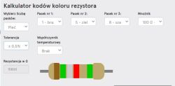 Kalkulator kodów kolorów pokazujący rezystor 15800 Ω z paskami: brązowy, zielony, szary, czerwony.
