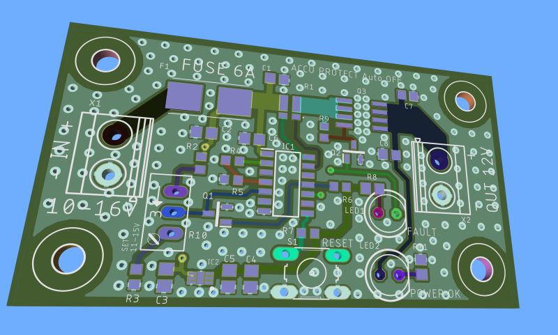 Widok 3D zielonej płytki drukowanej (PCB) z opisanymi miejscami na komponenty elektroniczne, z wyraźnie widocznymi otworami montażowymi oraz oznaczeniami pól lutowniczych.