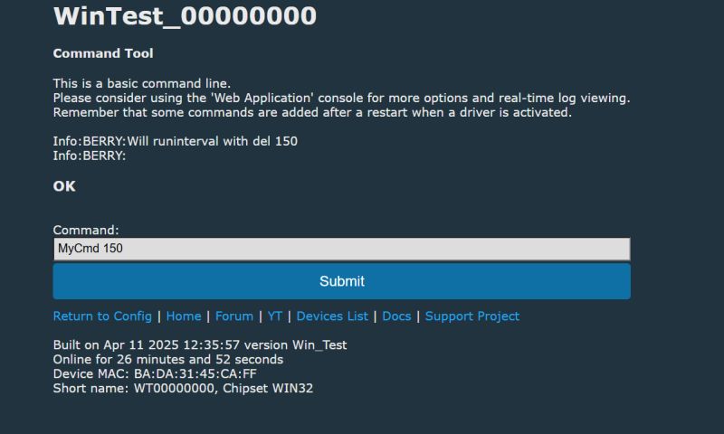 Berry Console in OBK Simulator Screenshot of command line tool console for Berry in OBK simulator.