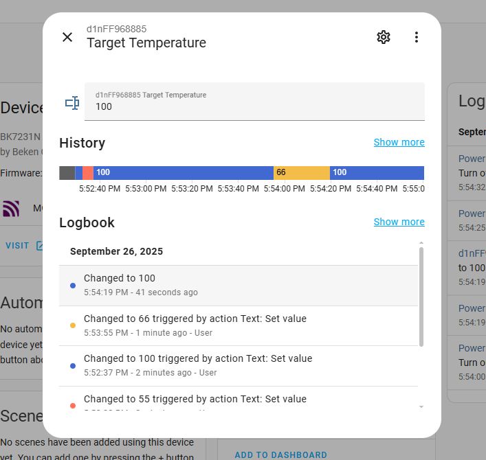 Kettle target temperature log and history in Home Assistant History of kettle target temperature changes in Home Assistant panel