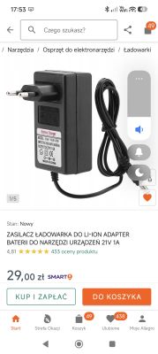 Zrzut ekranu Allegro z ofertą ładowarki 21 V 2 A oraz zdjęciem zasilacza z przewodem