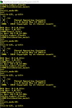 A RealTerm window showing system boot logs and diagnostic messages in textual form.