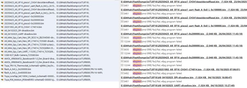 List of binary files with paths, sizes, and programming error logs.