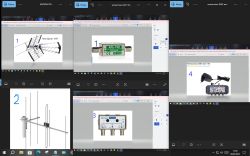 Zrzut ekranu z pięcioma oknami pokazującymi różne elementy instalacji antenowej, takie jak anteny, wzmacniacze i zwrotnica.