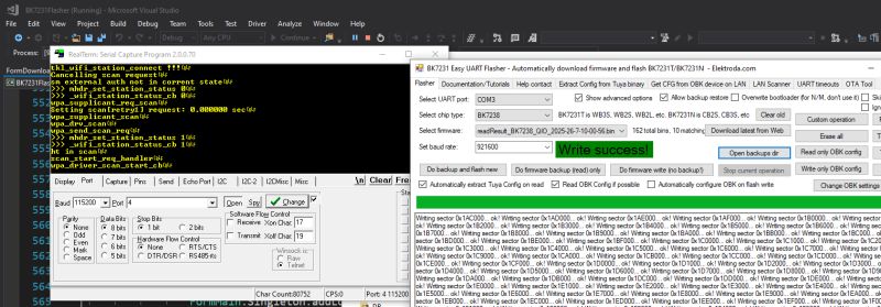 Screenshot showing the boot log from the BK7238 module startup process with OpenBeken firmware.