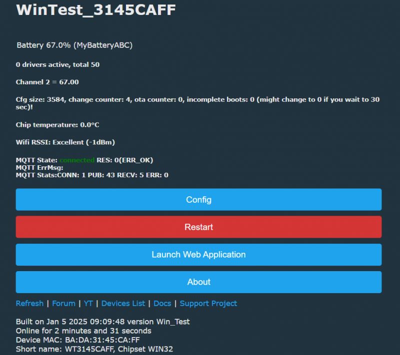 WinTest_3145CAFF Diagnostic Screen WinTest_3145CAFF diagnostic screen showing battery level at 67%, channel info, and MQTT status.