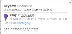Zrzut ekranu z mapą pokazującą lokalizację nadajnika sieci Play w Czyżewie.