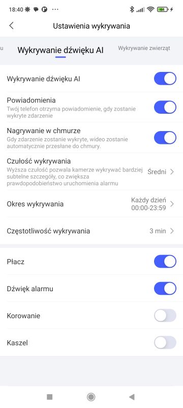 Ekran ustawień wykrywania dźwięku AI w aplikacji kamery z włączonymi niektórymi opcjami