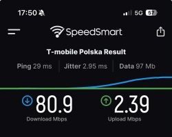 Wynik testu prędkości internetu 5G w sieci T-Mobile wykonany w aplikacji SpeedSmart.