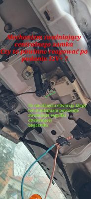 Wnętrze pokrywy bagażnika z mechanizmem zamka centralnego i przewodami elektrycznymi.
