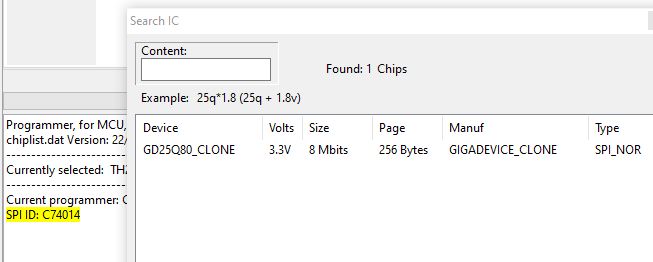 Screenshot of memory programmer software showing detected GD25Q80_CLONE chip at 3.3V.