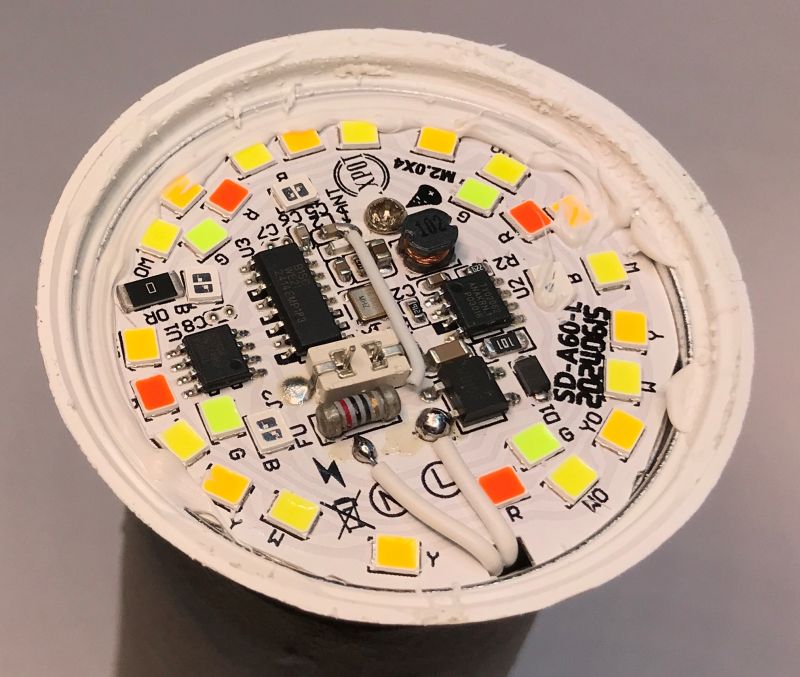 Interior of an RGB/CCT Bulb with LED and Electronic Components Interior of an RGB/CCT smart bulb with visible LEDs and electronic components