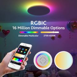 Ad for an RGBIC ceiling light with “16 Million Dimmable Options” text and a smartphone control app.