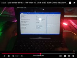 Ekran BIOS-u laptopa Asus Transformer Book T100 otwarty w trybie konfiguracji, wyświetlany na tablecie z podłączoną klawiaturą.